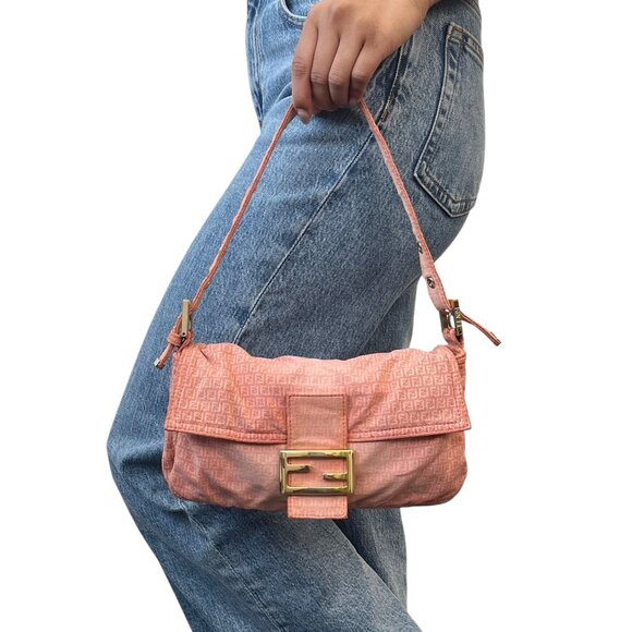 FENDI Vintage Zucchino Monogram Mamma Baguette Shoulder Bag Orange Pink [106017] - Picture 4 of 14